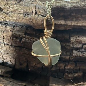 Sea foam Green Sea Glass Pendant on Gold colored necklace chain 18”
